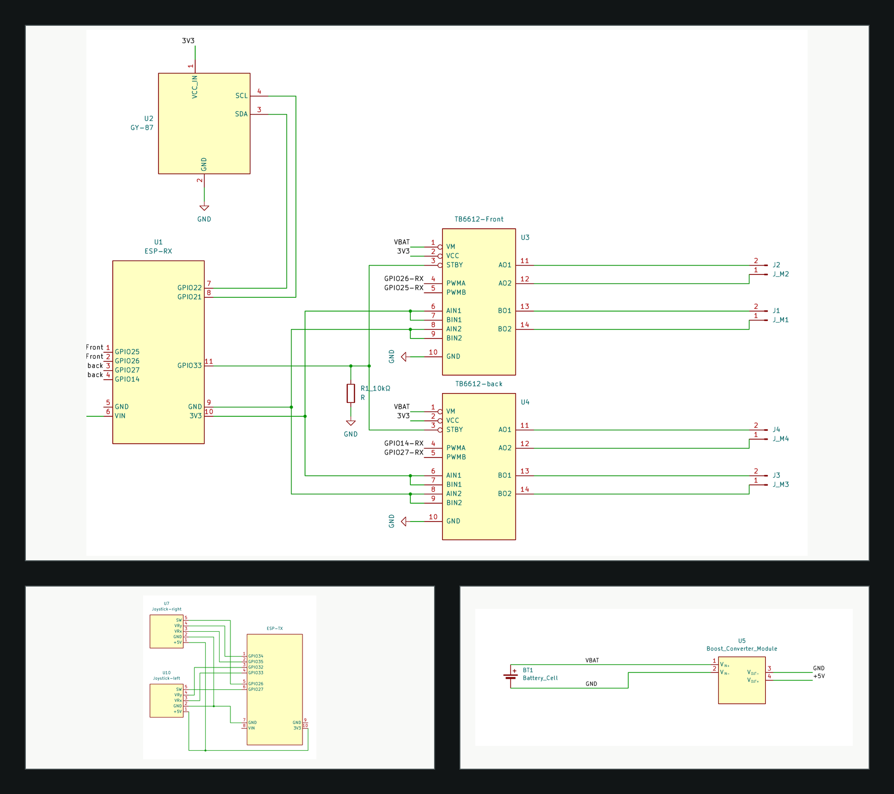 Three-part contact sheet of my KiCad schematic showing the ESP32 receiver, GY-87 IMU, dual TB6612 motor drivers, joystick transmitter, and battery boost path