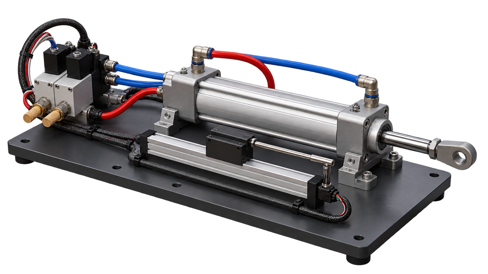 Generated technical visualization of a double-acting pneumatic actuator, valve manifold, tubing, and position sensor on a compact test base