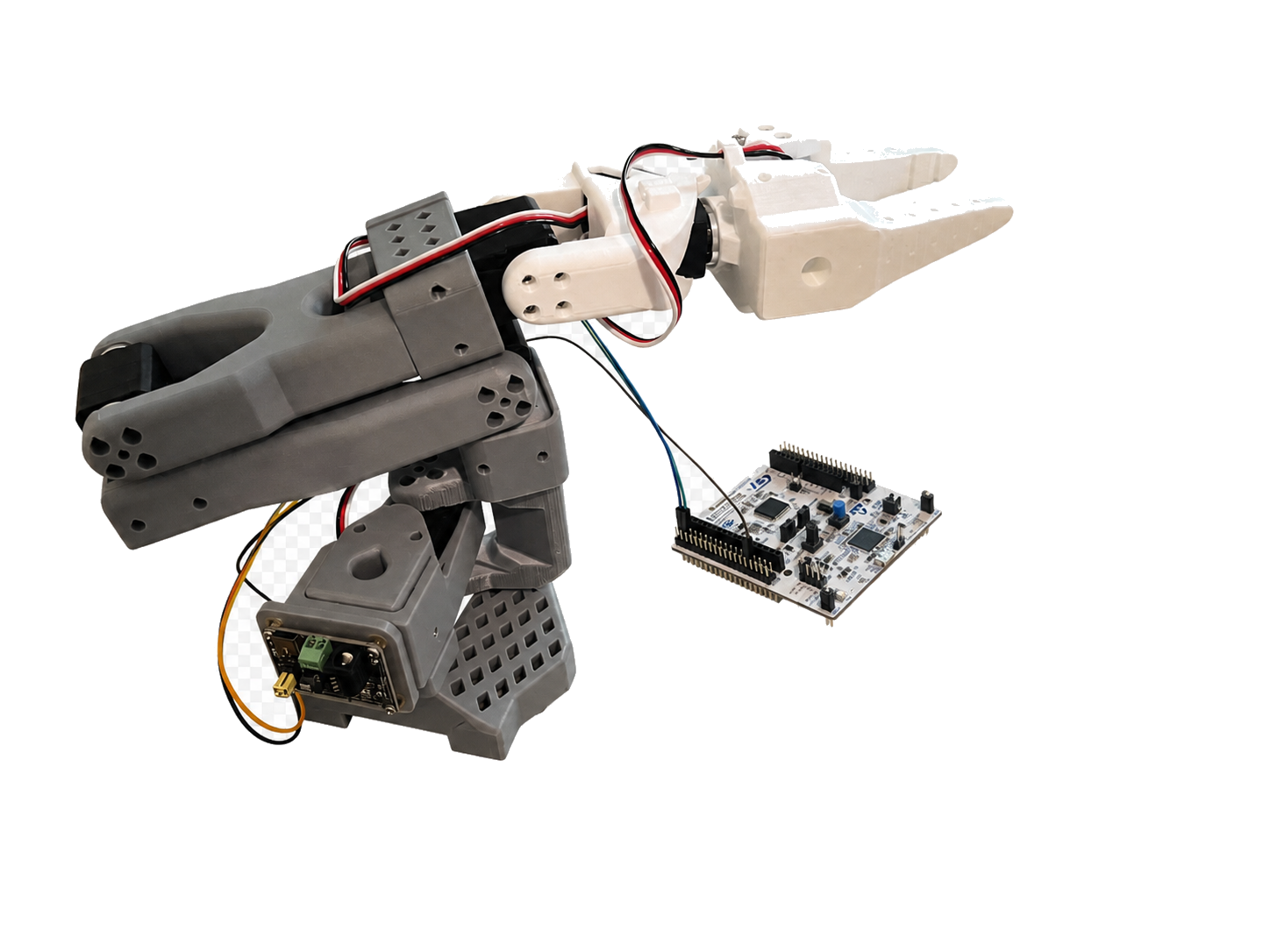 SO-101 robot arm beside an STM32 NUCLEO development board on a transparent background